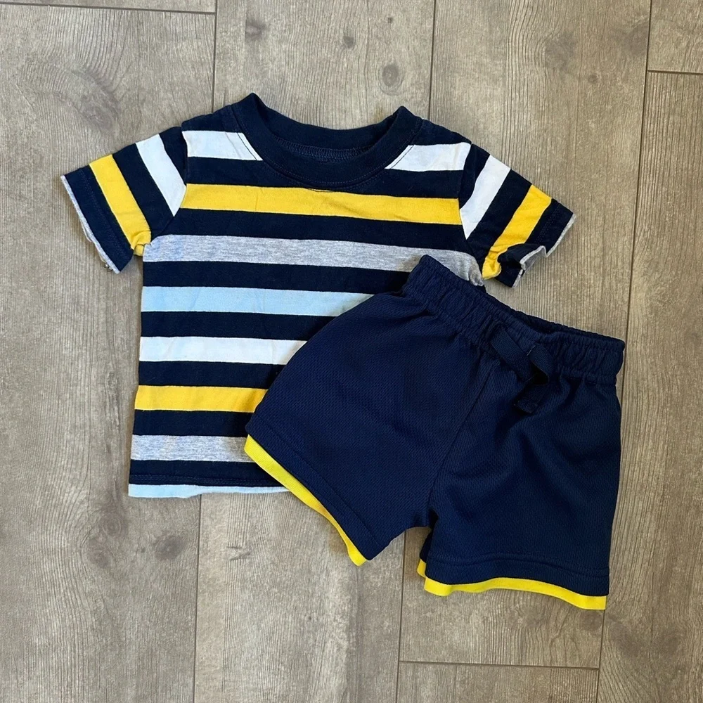12 M Baby Boy Outfit Athletic Shorts & Stripe Shirt Carter’s Garanimals Clothes